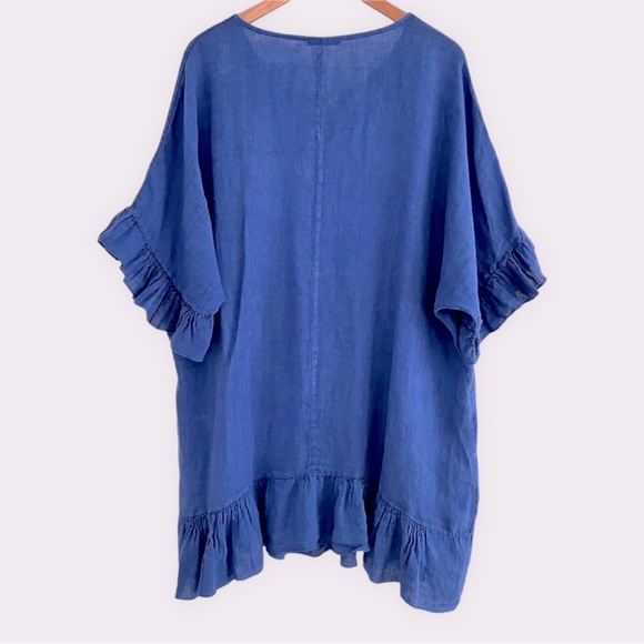 Piazza Del Tempio | Linen Elbow Sleeve Ruffle Dress | Medium | Blue | $35 - Picture 2 of 6